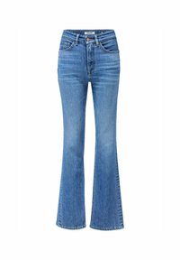 Světle modré kalhoty s vysokým pasem a rozšířenými nohavicemi, vyrobené z denimu, s knoflíkovým zapínáním, pěti kapsami a jemným zesvětlením pro texturu.