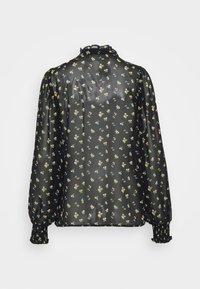 Blusa preta transparente com estampa floral em amarelo e verde. Apresenta mangas longas bufantes e um colarinho em babados. Detalhe em punhos franzidos.