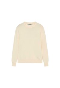 Suéter beige claro fabricado con tela suave. Presenta un cuello redondo y mangas largas con puños acanalados. Detalle sutil del logo en el dobladillo.