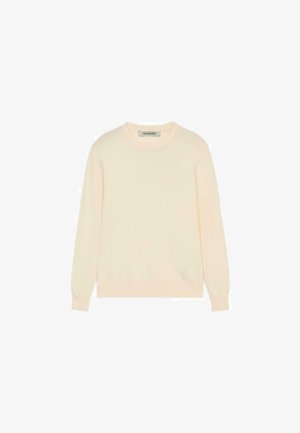 Hellbeige Pullover aus weichem Stoff. Hat einen Rundhalsausschnitt und lange Ärmel mit Rippbündchen. Dezente Logodetails am Saum.