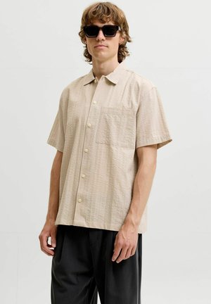 Ung mand med bølget brunt hår iført sorte solbriller, en beige kortærmet skjorte med knapper og sorte vide bukser, der står mod en hvid baggrund.
