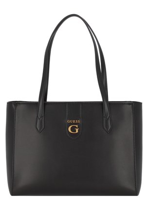 Sort lædertaske med to skulderstropper og guld "Guess G"-logo midt på fronten.