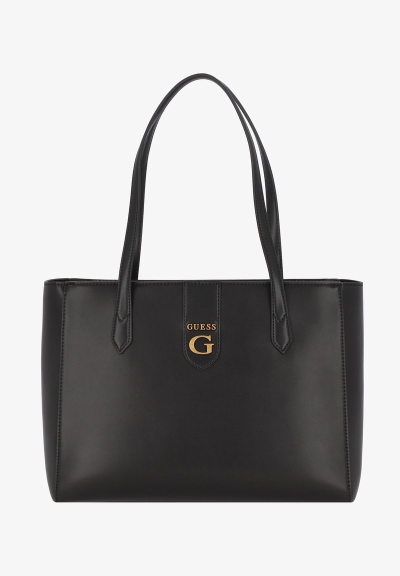 Sac cabas en cuir noir avec deux bretelles et logo doré « Guess G » centré à l'avant.