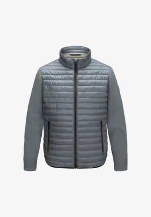 Graue Jacke mit gesteppter Vorderseite und glatten Stoffärmeln. Mit einem Reißverschluss und seitlichen Taschen ausgestattet, entworfen für Wärme und Komfort.