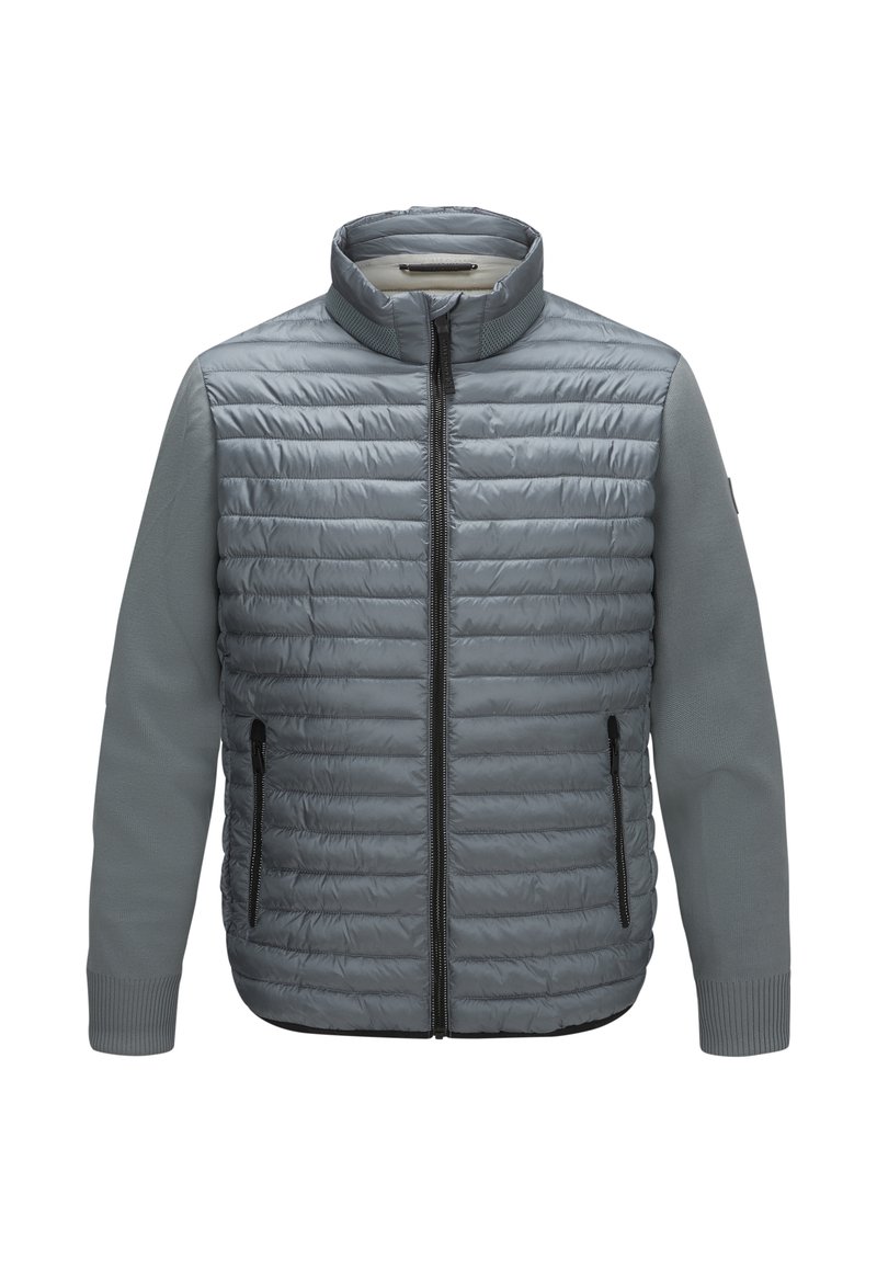 Graue Jacke mit gesteppter Vorderseite und glatten Stoffärmeln. Mit einem Reißverschluss und seitlichen Taschen ausgestattet, entworfen für Wärme und Komfort.