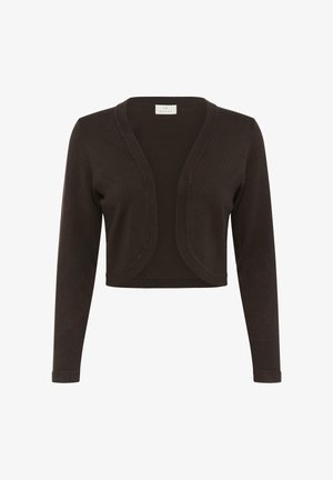 Brauner kurzer Cardigan mit langen Ärmeln, offenem Design, gerippten Bündchen und glatter Stricktextur. Keine Verschlüsse oder zusätzlichen Akzente.