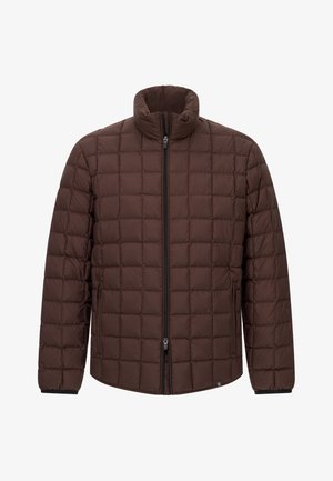 Rudas pūkinis švarkas su aukšta apykakle, siuvinėtu raštu, užtrauktuku priekyje ir dviem šoninėmis kišenėmis, turintis raibų rankogalius.