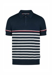 Polo shirt bleu marine avec un motif rayé horizontal en blanc et bleu clair, comportant une bande d'accent rouge et un col à deux boutons.