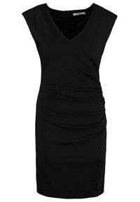 Robe noire sans manches avec un décolleté en V, des détails froncés sur le côté et une silhouette ajustée, fabriquée dans un tissu lisse et extensible.