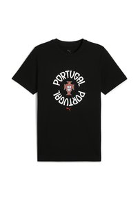 Sort bomulds t-shirt med fed hvid tekst "PORTUGAL" omkring et centralt emblem og et lille rødt Puma-logo ved kanten.