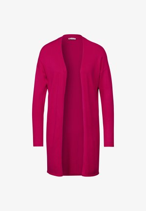 Cárdigan largo de frente abierto en fucsia brillante. Hecho de una tela suave con mangas largas y detalles acanalados en los puños.