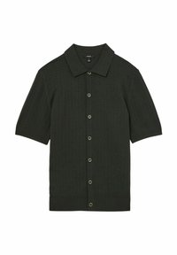 Cămașă scurtă, cu mânecă scurtă, verde închis, cu un model texturat, cu închidere prin butoni și guler. Fabricată dintr-un material ușor, având butoni rotunzi și o tivire ajustată.