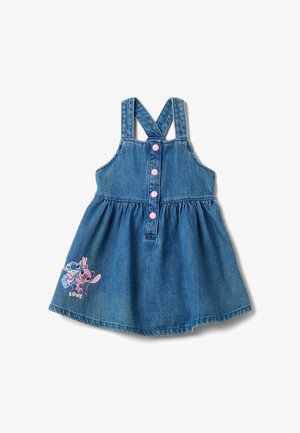 Jeans ärmelloses Kleid für Kleinkinder mit rosa Knöpfen und gekreuzten Trägern, mit blauen und rosa Comicfiguren und dem Wort "love" am Rock.