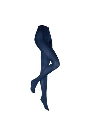 Navy opaque tights with a smooth texture and elastic waistband, fitted design extending to the toes, suitable for wear with various outfits.