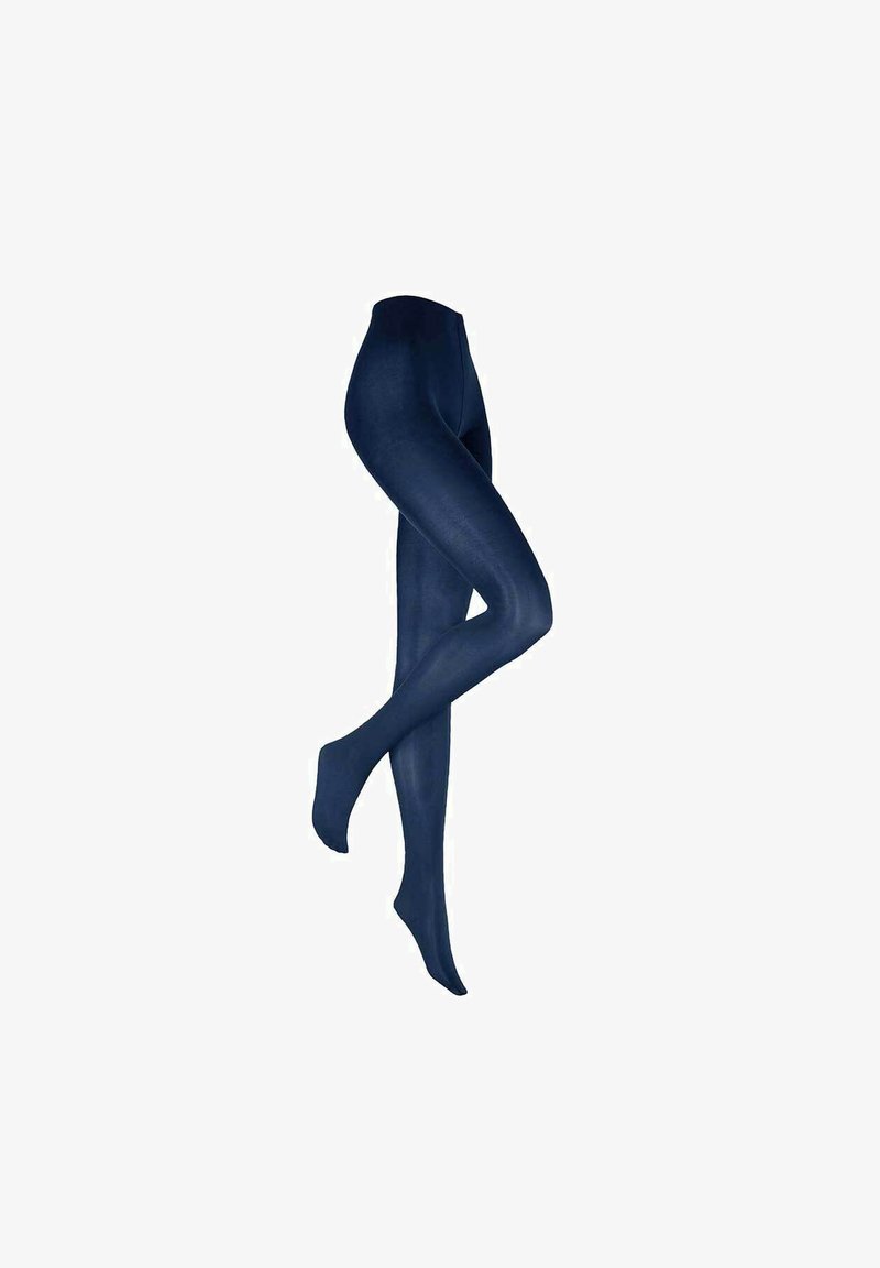 Navy opaque tights with a smooth texture and elastic waistband, fitted design extending to the toes, suitable for wear with various outfits.