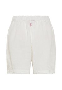 Białe, teksturowane bawełniane szorty z elastycznym paskiem w talii oraz małą różową metką z logo marki na środku przodu.
