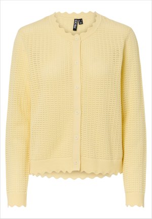 Lys gul strikket cardigan med lange ermer, rund bølget halskant, bølget kant nederst og knapper foran.