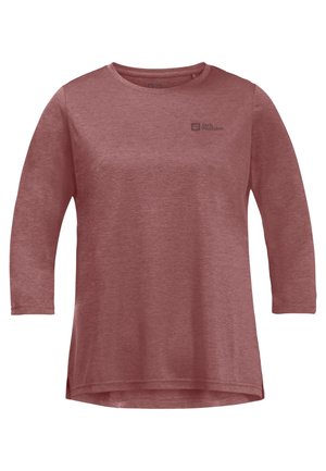 Langærmet, støvet rosa t-shirt med rund hals, let høj-lav kant og lille mørkt logo på venstre bryst.