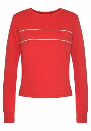 Red long-sleeve top made of cotton with a rounded neckline, featuring two horizontal white stripes across the chest and ribbed cuffs.