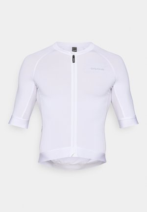 Jersey de ciclism alb cu mânecă scurtă și fermoar frontal, prezentând un design ajustat, textură netedă și logo-uri subtile pe piept.