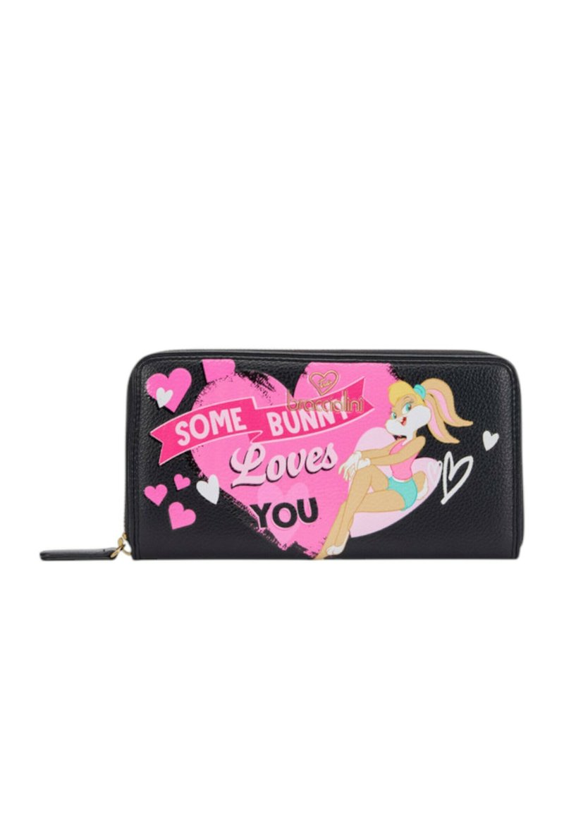 Portafoglio in pelle nera con grafiche di cartoni animati colorate, tra cui una ragazza coniglio, cuori e la scritta "Some Bunny Loves You". Inclusi dettagli dorati.