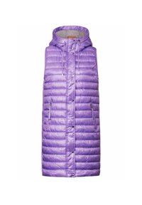 Lila vadderad väst med huva, med vertikal sömnad, dragkedjefickor och framsnappar. Slät, glänsande yta.