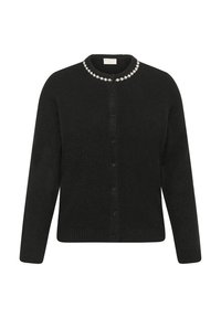 Cardigan noir en matériau doux, avec un col rond orné d'une bordure effet perle et une fermeture à boutons sur le devant. Manches longues.