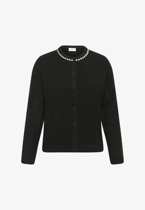 Cardigan nero realizzato in materiale morbido, con scollatura rotonda decorata con un bordo simile a perle e chiusura frontale con bottoni. Maniche lunghe.
