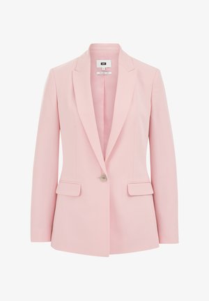 Blazer rosa chiaro realizzato in tessuto liscio, con un design sartoriale, rever a punta, chiusura con un solo bottone e due tasche frontali.