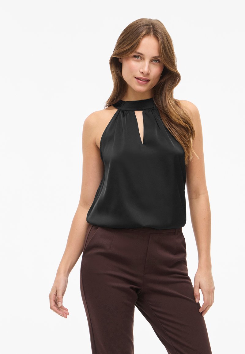 Black satin sleeveless top with a keyhole neckline detail, featuring a high neck halter design and a soft, smooth texture.