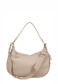 Beige leren schoudertas met een gebogen ontwerp. Voorzien van een verstelbare riem en ritssluiting. Glad oppervlak, minimalistische stijl.