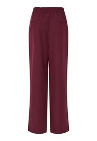 Pantaloni color bordeaux a gamba larga con vita elastica e due tasche posteriori a filetto, mostrati da dietro su sfondo bianco.
