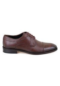 Braune Lederdressschuhe mit glatter Oberfläche, runden Spitzen, genähten Akzenten und niedrigem Absatz. Sie verfügen über Schnürsenkel für den Verschluss und eine polierte Optik.