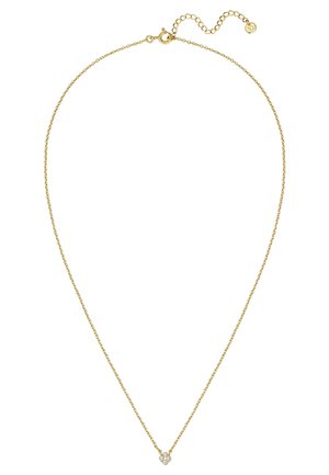 Delikat halskæde i guld med et lille vedhæng formet som en firebladsblomst, pyntet med klare ædelsten, med en justerbar lås.