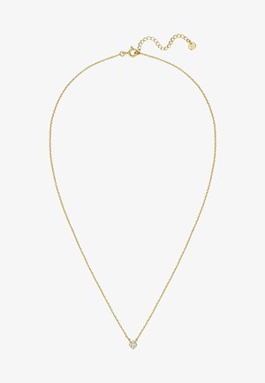 Collar delicado de cadena de oro con un pequeño colgante en forma de flor de cuatro pétalos adornado con piedras preciosas transparentes, con un cierre ajustable.