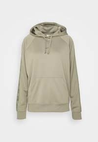 Beige Nike-hoodie med dragsko i huvan, framficka i kängurustil och med märkesrand längs ärmarna.