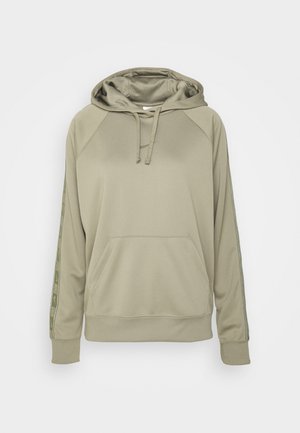 Beige mikina Nike s kapucí na stahovací šňůrku, přední klokankou a značkovým pruhem podél rukávů.
