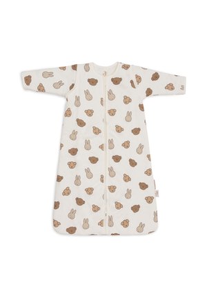 Sac de couchage en coton crème avec des motifs adorables d'ours et de lapins beiges, doté d'une fermeture éclair sur toute la longueur et de manches longues pour la chaleur.