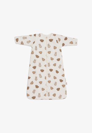 Katoenen slaapzak in crème met schattige beren- en konijnenpatronen in tan, voorzien van een rits over de volle lengte en lange mouwen voor warmte.