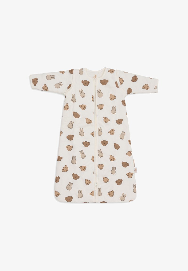 Katoenen slaapzak in crème met schattige beren- en konijnenpatronen in tan, voorzien van een rits over de volle lengte en lange mouwen voor warmte.