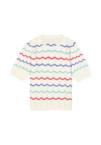 Gehaakt sweater met korte mouwen in roomkleur, met zigzagpatronen in rood, blauw en turkoois. Texureerd met verticale ribbels.