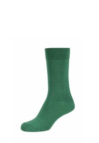 Calzino verde realizzato in un morbido e elastico tessuto. Presenta una fascia a coste, una texture liscia e un design semplice che si estende fino a metà polpaccio.