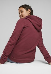 Sudadera burdeos hecha de una tela suave, con un bolsillo canguro en la parte delantera, ribetes en el dobladillo y en los puños. Capucha en la parte posterior.