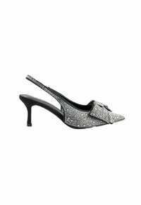 Mustast slingback-kontsadest, millel on terav varvas, kaunistatud hõbedaste rhinestone'idega, rihmakujundus ja 5 cm kõrge konts.