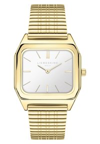 Orologio quadrato tono oro con finitura lucida e quadrante in argento spazzolato. Presenta indici delle ore e un bracciale in metallo texturizzato.