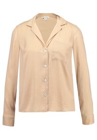 Long-sleeve, light beige blouse made of soft fabric, featuring a button-down front, notched collar, and a single chest pocket.