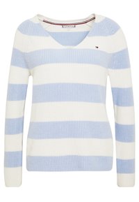 Maglione a righe con maniche lunghe, in colori alternati blu chiaro e bianco. Design a V, texture a costine e un piccolo dettaglio del logo.
