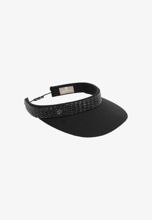 Schwarzer Schirm aus leichtem Material mit einem soliden schwarzen Visier und geflochtener Band. Enthält ein Logodetail am Band und einen verstellbaren Riemen.