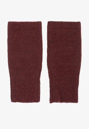 Burgunderfarbene gestrickte Fingerlosen Handschuhe mit einer weichen Textur, elastischem Bündchen und rechteckiger Form, entworfen für Wärme und Flexibilität.