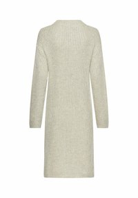 Sweter sukienka w jasnym beżu, z prążkowanym wzorem, długimi rękawami i luźnym krojem. Posiada szeroki dekolt i długość do połowy uda.